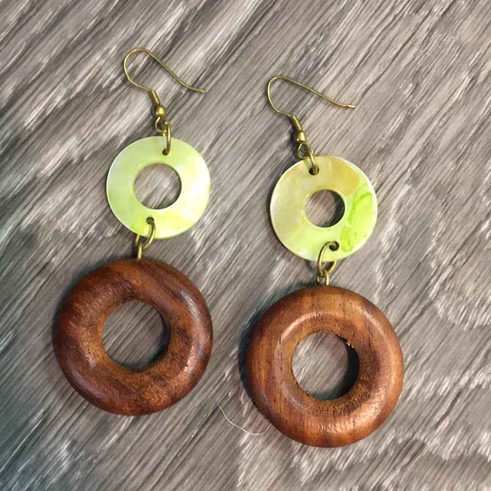 Handcrafted Wood & green dangle earrings